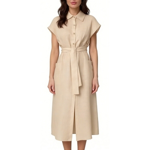 Robe chemise en lin beige pour femme, manches courtes, ceinture, robe maxi avec fente latérale et poches, mode décontractée d'été - Product Image 4