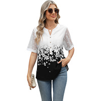 Chemisier en mousseline imprimé à col en V avec manches en dentelle, nouvelle collection printemps-été, best-seller Ohsisa