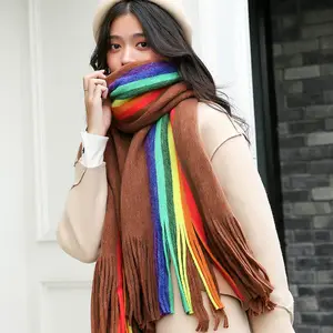 Moda Inverno Mulheres Acrílico Cashmere Rainbow Scarf Double Side Colorido Longo Grosso Lenço com Borlas