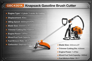 Débroussailleuse à dos thermique MYOYT GBC4302K 43cc 1.25kW, moteur 2 temps refroidi par air, lame 255mm 3T pour herbe, mauvaises herbes et broussailles - Product Image 5