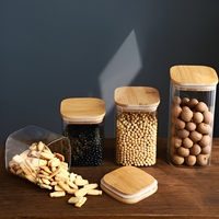 Pot de stockage en verre de cuisine carré à haute teneur en borosilicate pot de bouteilles d'herbes pour épices à café alimentaire avec couvercle en bois de bambou