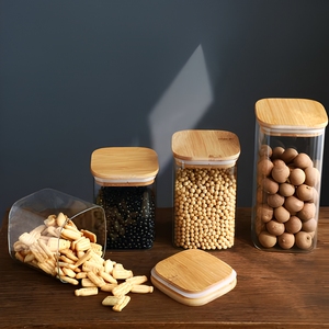 <span class=keywords><strong>Pot</strong></span> de stockage en verre de cuisine carré à haute teneur en borosilicate <span class=keywords><strong>pot</strong></span> de bouteilles d'herbes pour épices à café alimentaire avec couvercle en bois de bambou - Product Image 3