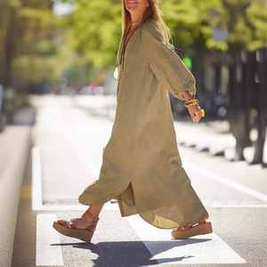Vestido Camisero Maxi de Algodón y Lino para Mujer, Cuello en V, Abotonado, Corte Holgado Informal, Vestido de Verano - Product Image 2