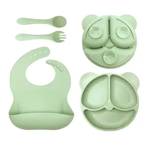 Hot Sell Bpa Gratis Antislip Babyschotels Panda Voeding Kom Siliconen Zuigvoeding Eten Servies Baby Bowls Borden Lepels