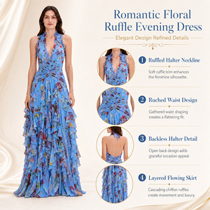 Abito da sera da donna all'ingrosso con stampa floreale, scollo all'americana, blu, a strati, in chiffon con volant, per <span class=keywords><strong>ballo</strong></span> <span class=keywords><strong>di</strong></span> <span class=keywords><strong>fine</strong></span> <span class=keywords><strong>anno</strong></span>, feste e resort - Product Image 3