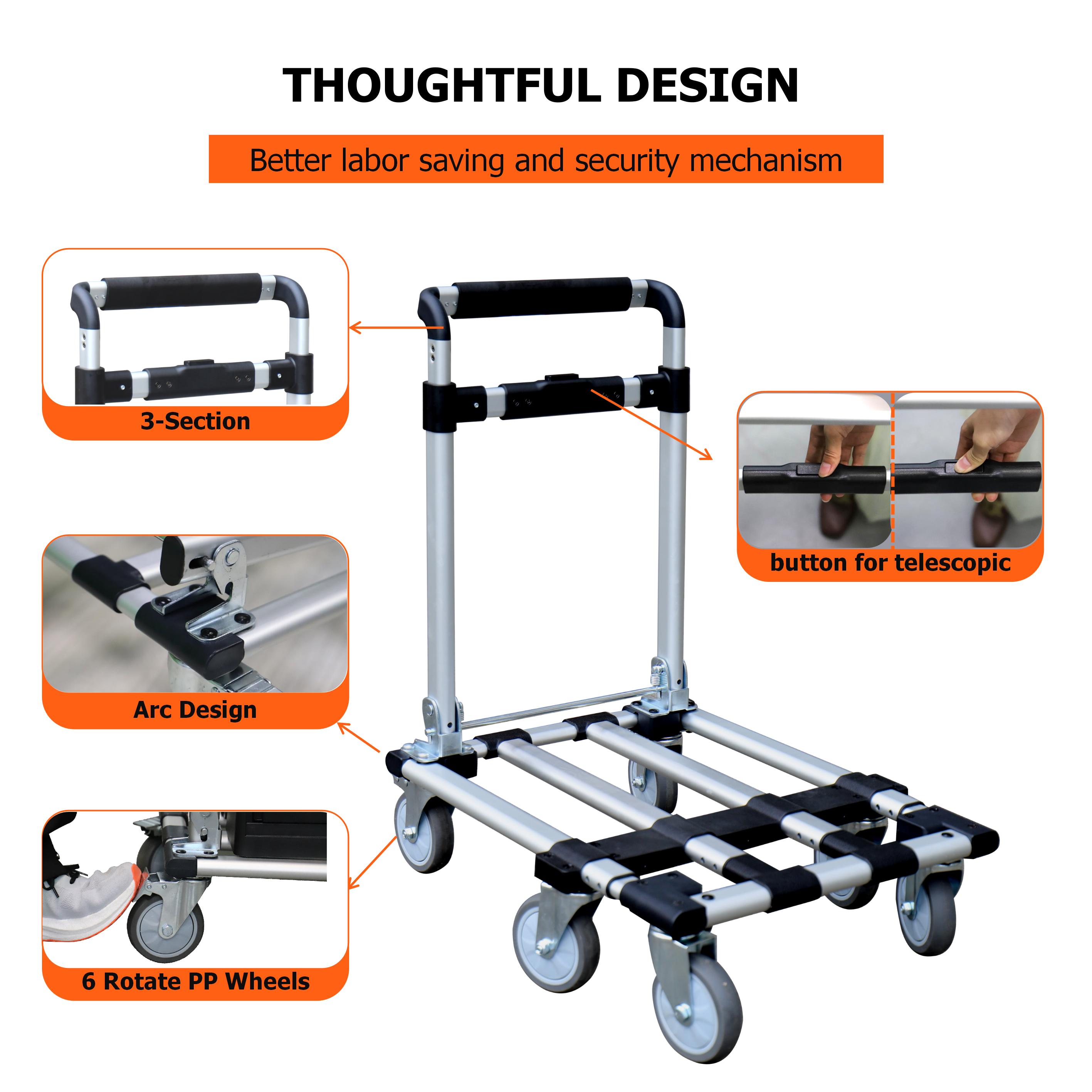 Tianyu Heavy-Duty Industrial OEM 6-Wheel Aluminum & PP Folding Cart Shopping Storage Roll Container Hand Truck Tool 200kg