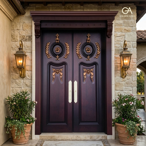 Puerta Doble de Entrada de Madera Sólida Contemporánea con Adornos Dorados y Diseño Antirrobo, Superficie Acabada para Uso Exterior - Product Image 2