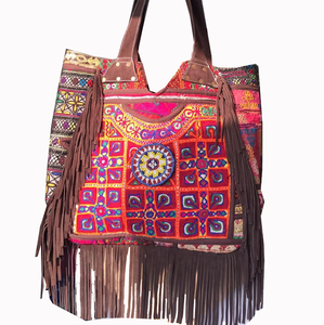 Indian Traditional Banjara Tote <b>Handbag</b> Women Hand Embroidered Multi-Color Leather Fringe Zipper Closure Dual Bucket Cotton Logo - Product Image 1