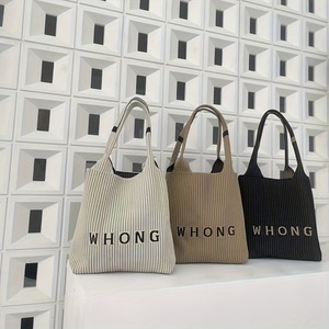 Vertical Stripe Letter Knit Tote Bag Summer Fashion Women Shoulder Bag European Style Knitted Handbag <b>Beach</b> Bag - Product Image 1