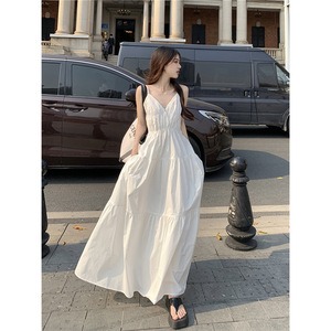<b>White</b> V Neck <b>Maxi</b> Dress Natural Waist Splicing Simple Style Beach Vacation Cover Up - Product Image 2