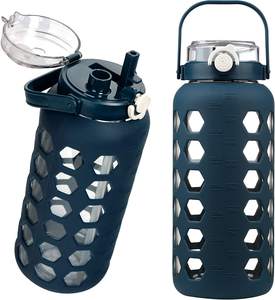 半加仑/<span class=keywords><strong>64</strong></span>盎司玻璃水瓶，带吸管和盖子时间标记提醒和硅胶套防漏和不含双酚a的瓶子 - Product Image 3