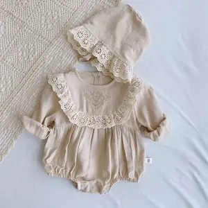 Wholesale baju baby 2pcs-0-2 Years Old Baby Lace Hardwear 2022 Spring and Autumn Baby Girl's Solid Color Long Sleeve Creeping Suit 2-piece Hat Set
