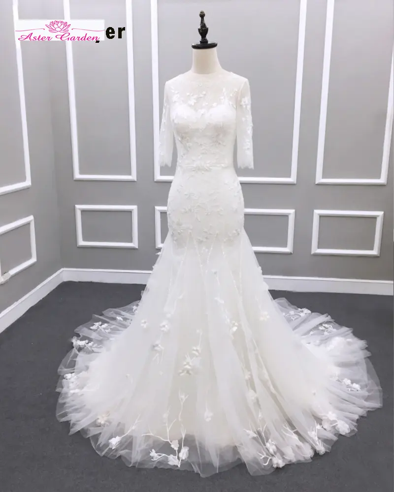 Aster nuovo Design abbottonare abiti da sposa a sirena con maniche a tre quarti Vestidos De Noiva Sereia Lace Appliques abito da sposa