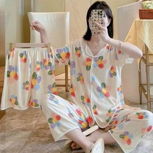 Ensemble pyjama trois pièces pour femme, été, fin, manches courtes, col en V, pantalon ample imprimé, décontracté, taille élastique, respirant, devant ouvert - Product Image 3