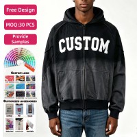Sudadera con capucha y cremallera para hombre, personalizada, 500 g/m², 100% algodón, lavada, con apliques bordados, corte ajustado, cuello redondo y puños acanalados.