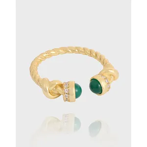 S925 Sterling Silver Women's Fine Jewelry Rings Oxidized Cubic Zircon Green Agate Gemstone Twist Knot Adjustable Opening Rings
