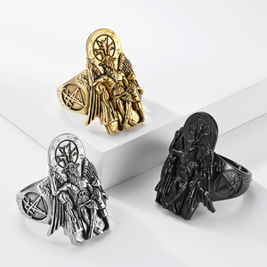 Dark yunnique style devil Satan goat <b>ring</b> for men, niche and unique Baphomet mystical <b>titanium</b> steel jewelry - Product Image 1