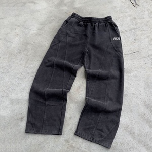 מכנסי טרנינג כותנה כבדים בהתאמה אישית, בגזרה ישרה, מראה וינטג' משופשף, שטיפה בחומצה, גזרה רחבה, אופנת רחוב לגברים - Product Image 2