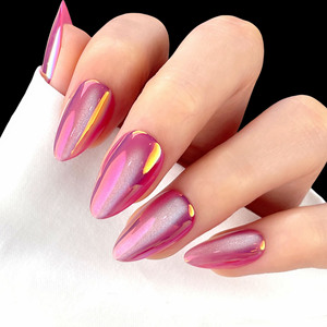 <span class=keywords><strong>Faux</strong></span> ongles populaires à presser, courts, forme amande, rose métallisé effet œil de chat chromé, amovibles - Product Image 2