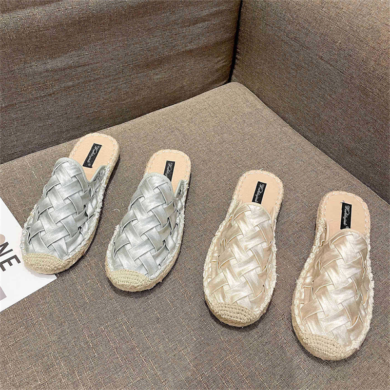 Lente Nieuwe Kleine Geurende Wind 2022 Geweven Lui Tas Slepen Half Slippers Espadrille Wedges Voor Vrouwen Buiten Schoenen