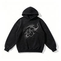 Sweat à capuche vintage délavé doublé sherpa avec motif flamme en strass thermocollés, coupe ample et carrée, style streetwear
