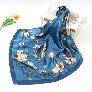 Lenço de casaco feminino retrô, envoltório quadrado de seda cetim com estampa floral, macio, envoltório personalizado da moda, para primavera