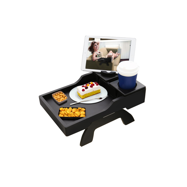 Premium Bamboo Sofa Arm Tray Table with Two Non-slip Drink Holder Phone Pad Bracket Multi-Function Folding Living Room Bedroom
