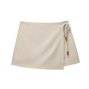 Vêtement tissé respirant de couleur beige teint taille moyenne fermeture à glissière latérale braguette à lacets jupes courtes d'été décontractées pour femmes - Product Image 4