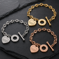 Bracelet en acier inoxydable à maillons épais avec breloque cœur, citation d'amour gravée, fermoir à bascule, or, argent, or rose, unisexe, inspirant