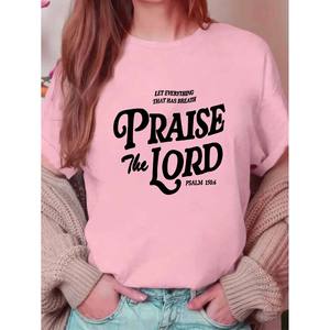Camiseta <span class=keywords><strong>de</strong></span> Punto Informal Transpirable con Logotipo Personalizado Estampado para Mujer, PRAISE the LORD - Product Image 4