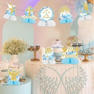 8 Piezas de Centros de Mesa de Panal de Abeja para Bautizo, <span class=keywords><strong>Primera</strong></span> Comunión, Decoraciones de Mesa Azules, Artículos para Fiesta de Baby Shower con la Frase 'Dios te Bendiga' - Product Image 4