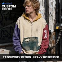 Sweat à capuche zippé intégral en molleton de coton 400 GSM personnalisé, patchwork multicolore, effet vieilli, pour homme, style streetwear grunge déstructuré