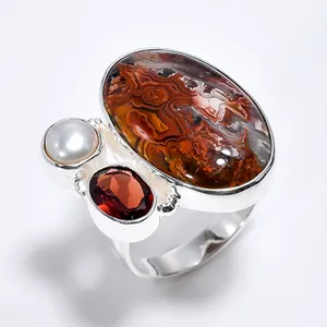 Gekke Kant Agaat Granaat Parel Ring 925 Sterling Zilveren Sieraden Voor Vrouwen Bulk Groothandel Fijne Zilveren Ringen Exporteurs
