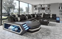 Canapé sectionnel en cuir véritable de luxe au design moderne, en forme de U, rembourré en éponge, avec éclairage LED pour salon