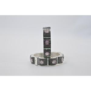 Ethnic Flower Pattern Vintage Engagement Oxidised Nogari Silver Plated <b>Bangle</b> with Crystal Rhinestone Inlay Unisex Jewelry Gift - Product Image 2