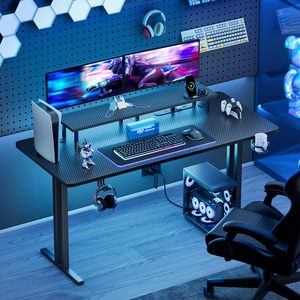 โต๊ะเกมมิ่งคาร์บอนไฟเบอร์ SENYU พร้อมไฟ LED ที่แขวนหูฟัง และปลั๊กไฟ ขนาด 63 x 24 นิ้ว โครงโลหะ - Product Image 2
