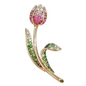 เข็มกลัดดอกทิวลิปสีเหลืองทอง 18K ประดับด้วยแซฟไฟร์สีชมพู ทซาโวร์ไทน์ การ์เนต และเพชรแบบฝังประดับ ดีไซน์หรูหราสไตล์พฤกษศาสตร์ - Product Image 1