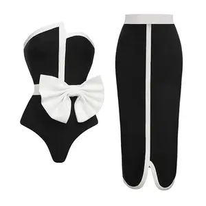 2024 Zwart-Wit Gesplitst Badpak Dames Elegante Buisband Met Strik Bikini Onregelmatige Hippe Strandrok Vintage Zwembadkleding