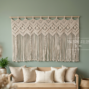 Crocheted Handmade Modern Rectangle Wall Hanging Tapestry Beaded Fringe Decorative Cushion Cover Cotton Linen Style Floral - Product Image 3