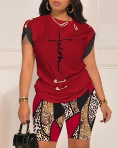 Conjunto <span class=keywords><strong>de</strong></span> 2 Piezas <span class=keywords><strong>de</strong></span> <span class=keywords><strong>Ropa</strong></span> <span class=keywords><strong>Casual</strong></span> <span class=keywords><strong>de</strong></span> Verano <span class=keywords><strong>para</strong></span> <span class=keywords><strong>Mujer</strong></span>, Camiseta <span class=keywords><strong>de</strong></span> Cuello Redondo y Manga Corta con Pantalones Cortos - Product Image 1