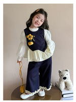Ensemble 3 pièces pour petite fille, tenue de printemps et d'automne, manches longues, pantalon large bleu marine, vêtements pour enfants