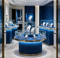 Vitrine à bijoux circulaire double couche GZowin de luxe bleue et dorée avec éclairage LED, design personnalisable, en verre