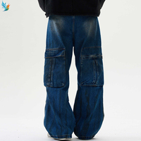 Pantalones vaqueros de trabajo holgados vintage azules de talla grande para hombre, con lavado descolorido, múltiples bolsillos y pierna ancha, tipo cargo.