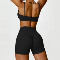 Ensemble de yoga 2 pièces personnalisé pour femme : soutien-gorge push-up et short taille haute respirant, extensible dans les quatre sens, couleur unie, froncé devant pour le fessier, idéal pour la gym et le fitness