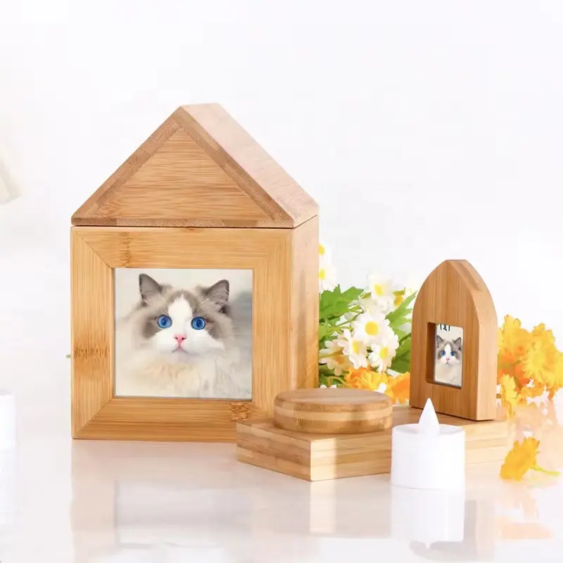 木製ペットアッシュボックスシネラリーキャスケットペットメモリアルボックス記念品家の形をした猫のための火葬壷フォトフレーム付き犬