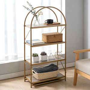 Bibliothèque à 4 niveaux avec cadre en métal doré Conception en forme d'arc Assemblage facile Étagères pliantes en bois de fer pour bibliothèque moderne pour le rangement de la salle de bain - Product Image 5