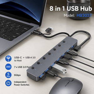 Hub <span class=keywords><strong>USB</strong></span>-<span class=keywords><strong>C</strong></span> 8-en-1, répartiteur <span class=keywords><strong>USB</strong></span> 3.0 à 7 ports avec interrupteurs d'alimentation individuels, en aluminium, <span class=keywords><strong>adaptateur</strong></span> d'alimentation 2-en-1 double port hôte 5V 4A - Product Image 2