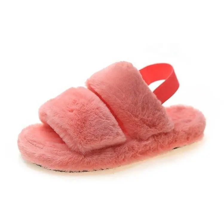 Fashionable Women's Faux Fur Slippers with Back Strap Slides Sandal for Ladies Open Toe Soft Slipper