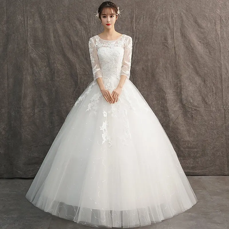 Новый дизайн 2021, свадебное платье с длинным рукавом, кружевной лиф с вышивкой, винтажное бальное платье до пола, элегантное простое свадебное платье