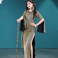 Robe de danse orientale Baladi Saidi pour femmes - Galabeya noire à rayures dorées et manches évasées, costume de danse orientale pour la performance et la pratique